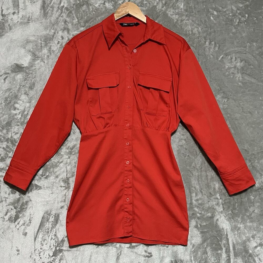 Zara Poplin Cargo Pocket Button Front Mini Dress Womens Sz XS‎ Orange Red Preppy